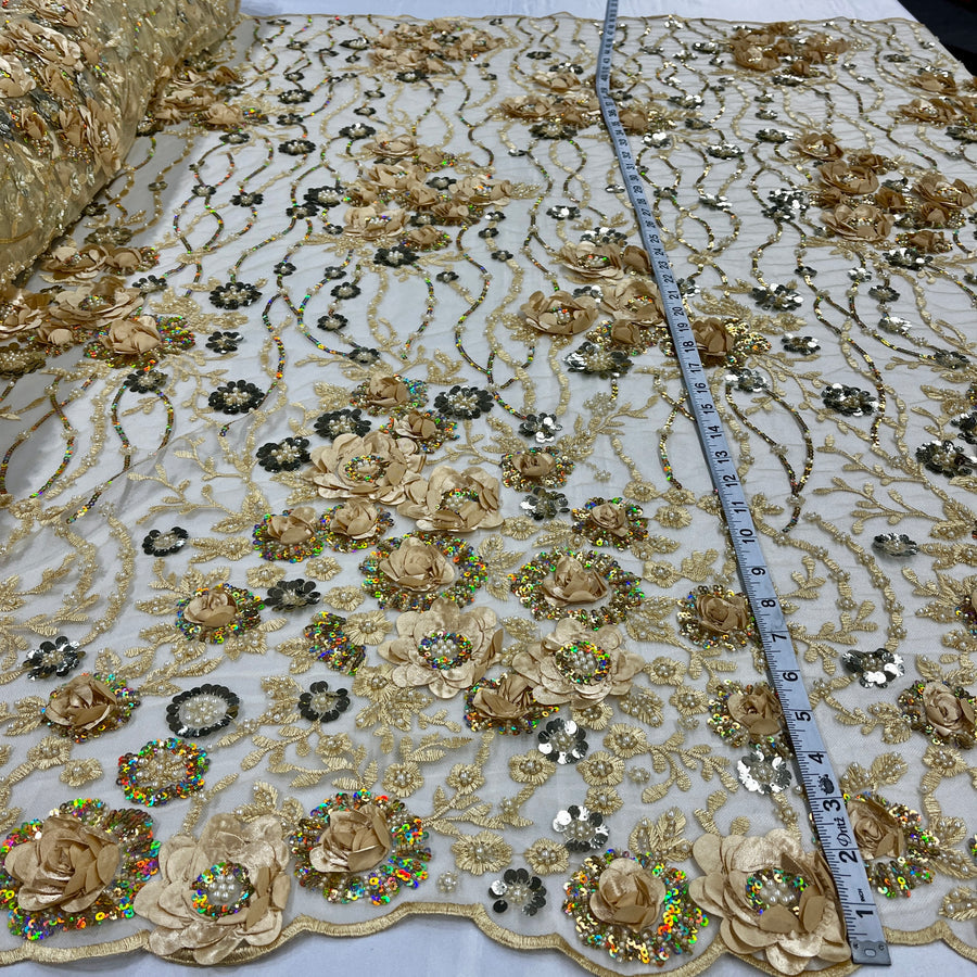 1 Yard Sparkling Beaded and Sequined 3D Floral Lace Fabric Embroidered on 100% Polyester Net Mesh White