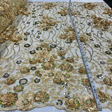 1 Yard Sparkling Beaded and Sequined 3D Floral Lace Fabric Embroidered on 100% Polyester Net Mesh White