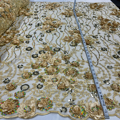 1 Yard Beaded Rhinestone 3D Floral Lace Fabric Embroidered 100 Percent Polyester Net Mesh 52 inch Width