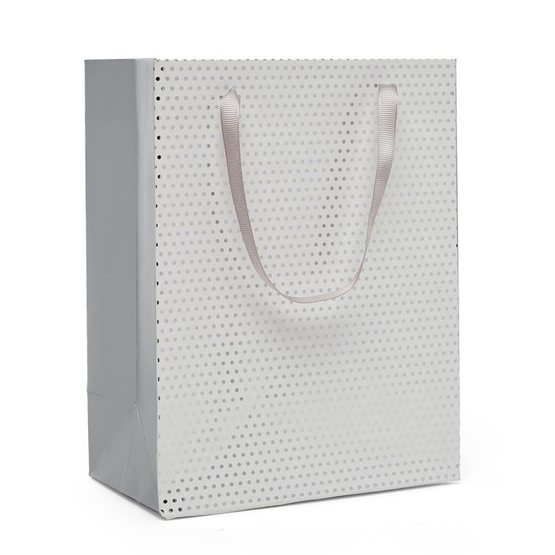 Metallic Dots Euro Totes with Ribbon Handles 7''x 3 7/8 ''x 9''  White / Silver - 12 each / package