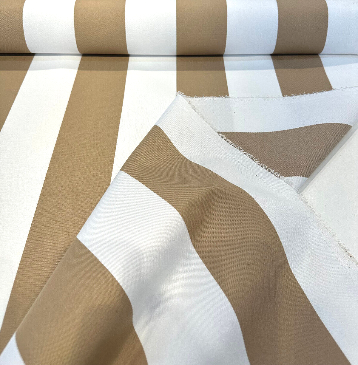 Cabana Stripe Bisque High UV Polyester Fabric - Bisque And White Stripe, 54" Width (1 Yard)