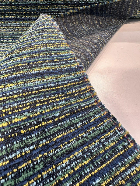 Hollywood Stripe Chenille Fabric - Aquamarine Blue Green Yellow Stripe, 56" Width (1 Yard)