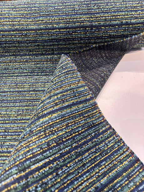 Hollywood Stripe Chenille Fabric - Aquamarine Blue Green Yellow Stripe, 56" Width (1 Yard)