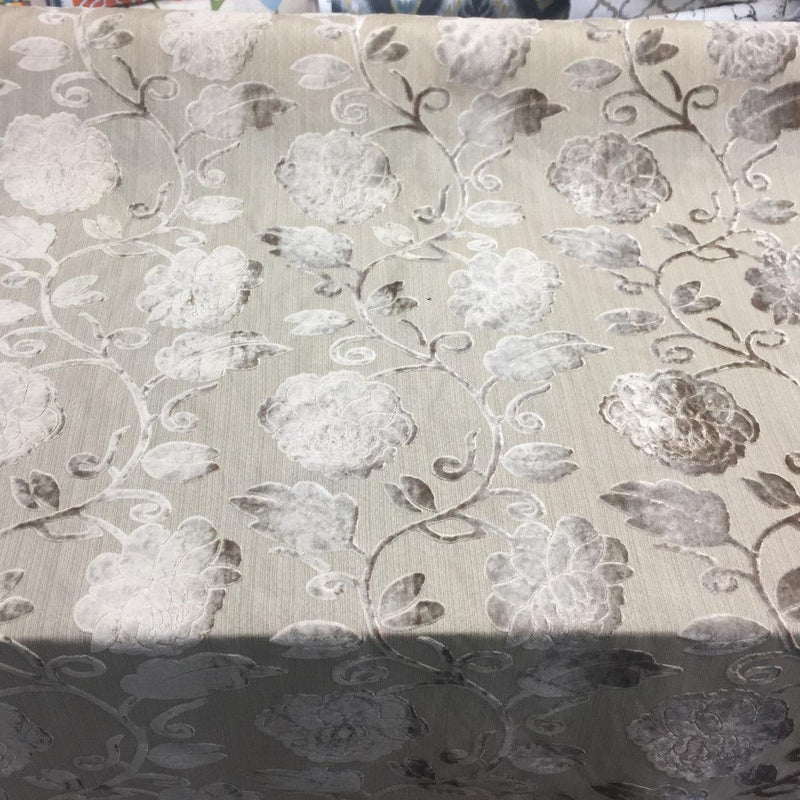 Italian Cut Cream Floral Burn Velvet Drapery Fabric - Beige Cream Floral, 58" Width (1 Yard)