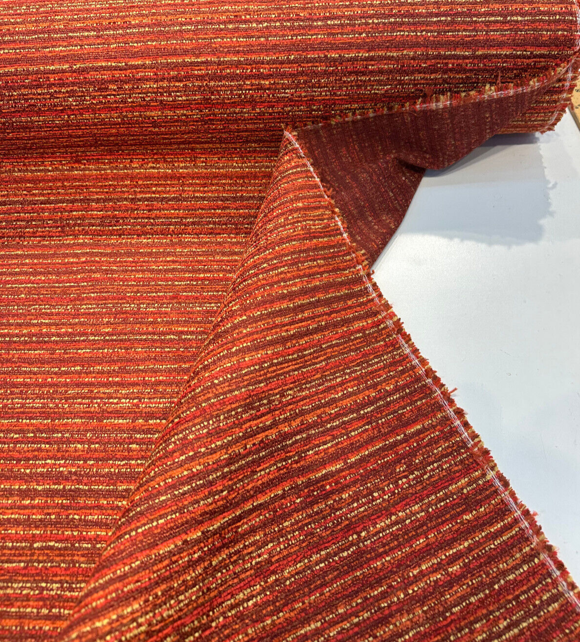 Hollywood Stripe Chenille Fabric - Hot Stuff Red Orange Maroon Rust Gold, 56" Width, 24" Vertical Repeat (1 Yard)