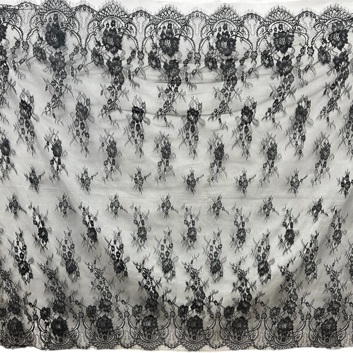 Embroidered Chantilly Lace Fabric with Eyelash Scallop
