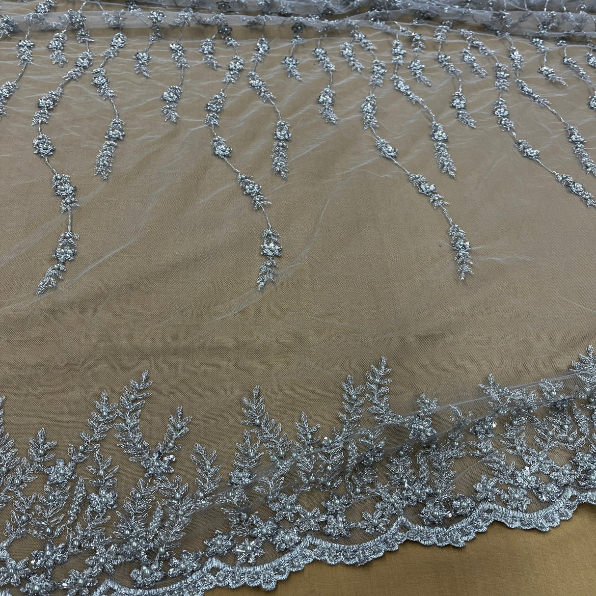 Beaded Lace Fabric Embroidered On 100 Percent Polyester Net Mesh - Silver, Black, Gold, Floral Sequin Embroidery, 50" Width (1 Yard)