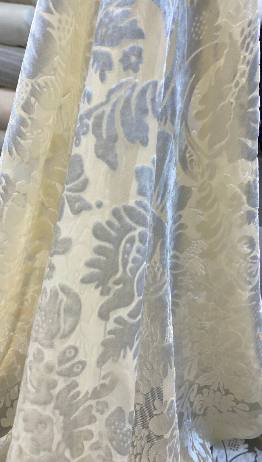 Imperial Sheer Cut Velvet Fabric - Ivory Beige, 54" Width, Vertical Repeat 12 1/2", Horizontal Repeat 12" (1 Yard)