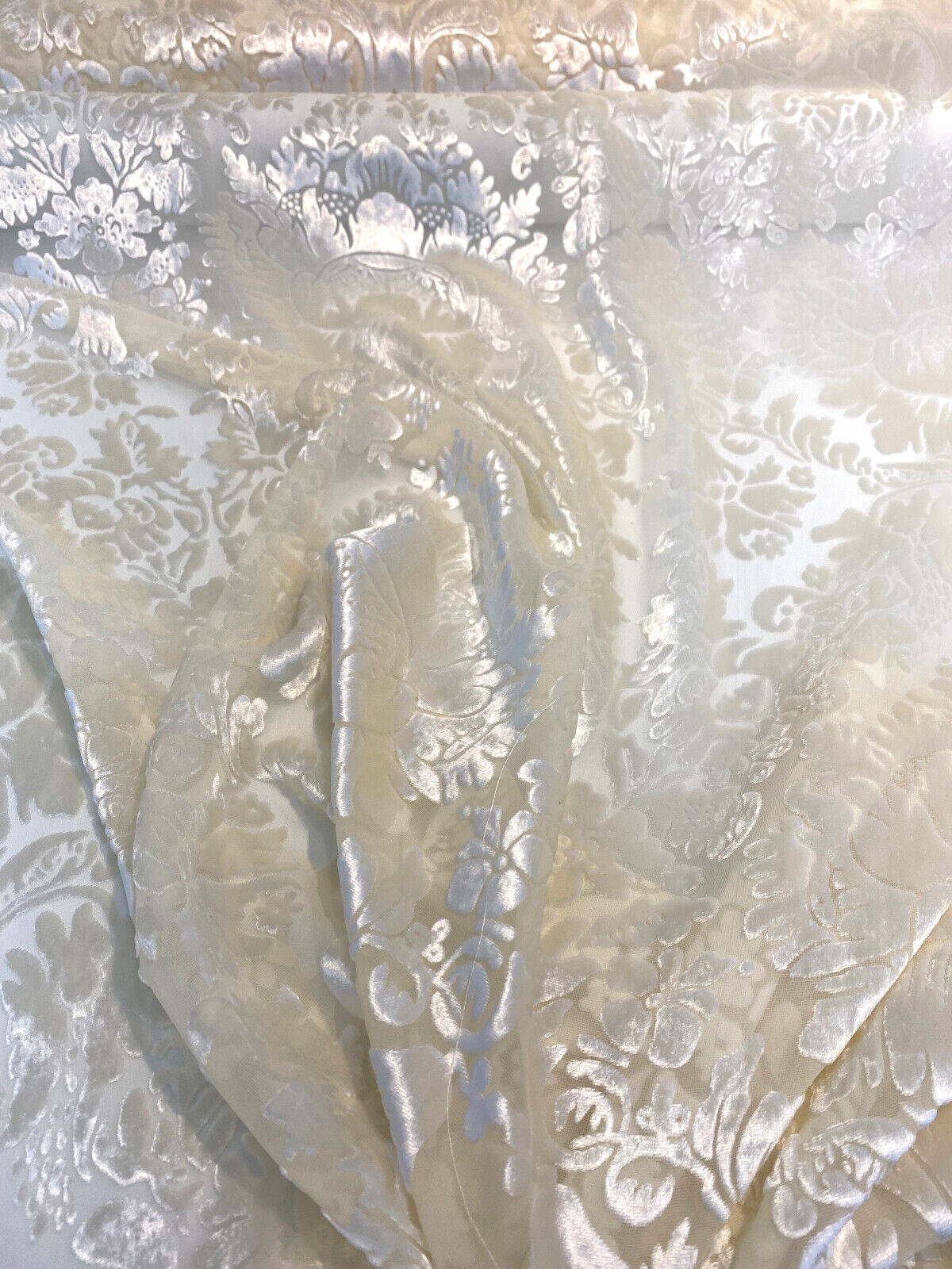 Imperial Sheer Cut Velvet Fabric - Ivory Beige, 54" Width, Vertical Repeat 12 1/2", Horizontal Repeat 12" (1 Yard)
