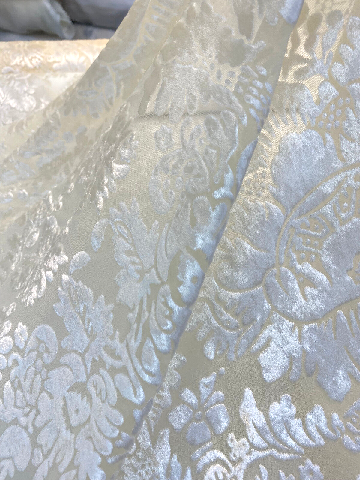 Imperial Sheer Cut Velvet Fabric - Ivory Beige, 54" Width, Vertical Repeat 12 1/2", Horizontal Repeat 12" (1 Yard)