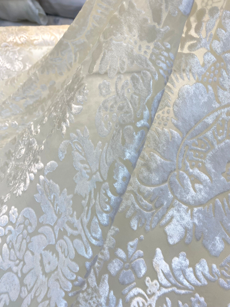 Imperial Sheer Cut Velvet Fabric - Ivory Beige, 54" Width, Vertical Repeat 12 1/2", Horizontal Repeat 12" (1 Yard)