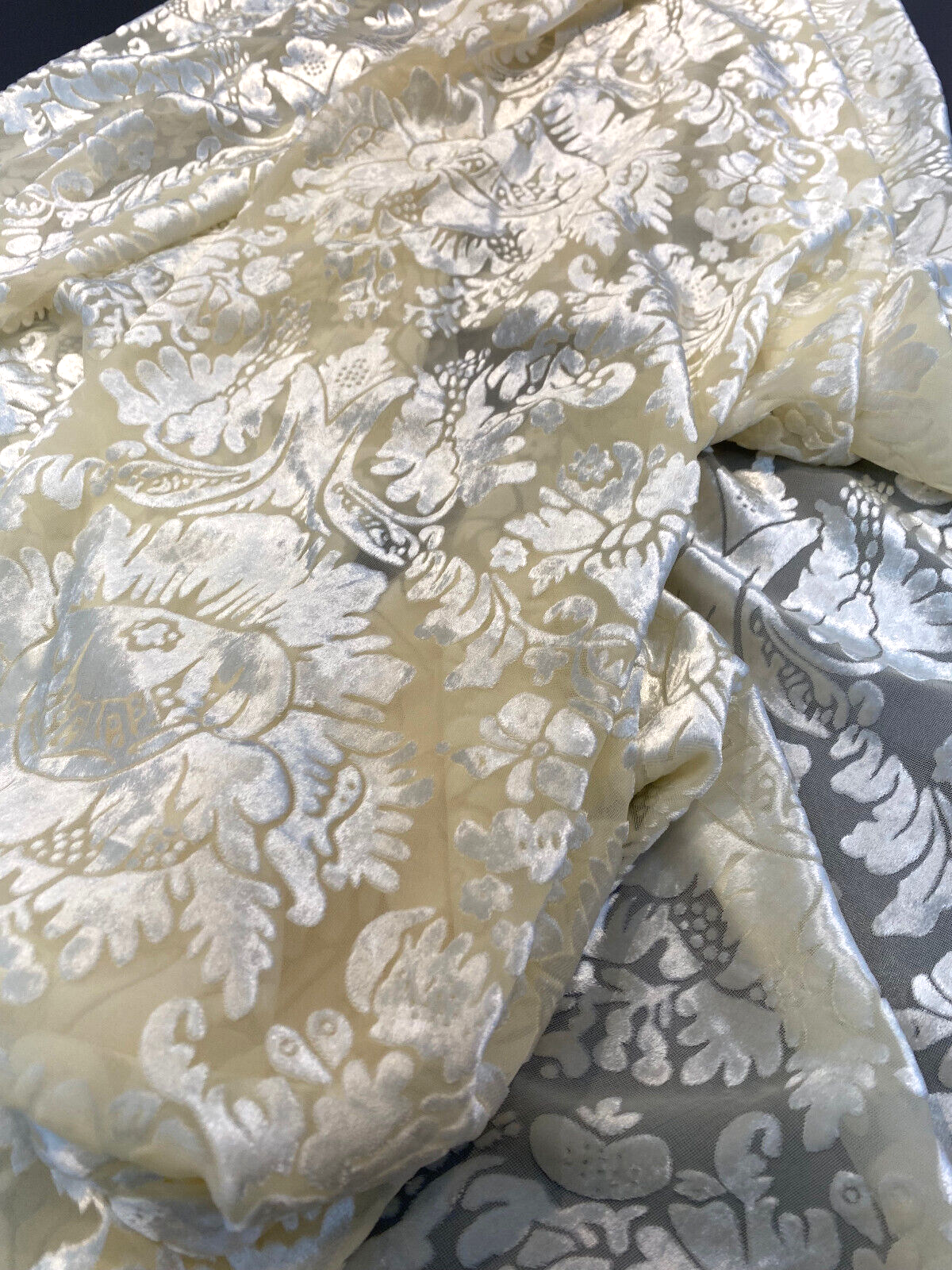 Imperial Sheer Cut Velvet Fabric - Ivory Beige, 54" Width, Vertical Repeat 12 1/2", Horizontal Repeat 12" (1 Yard)