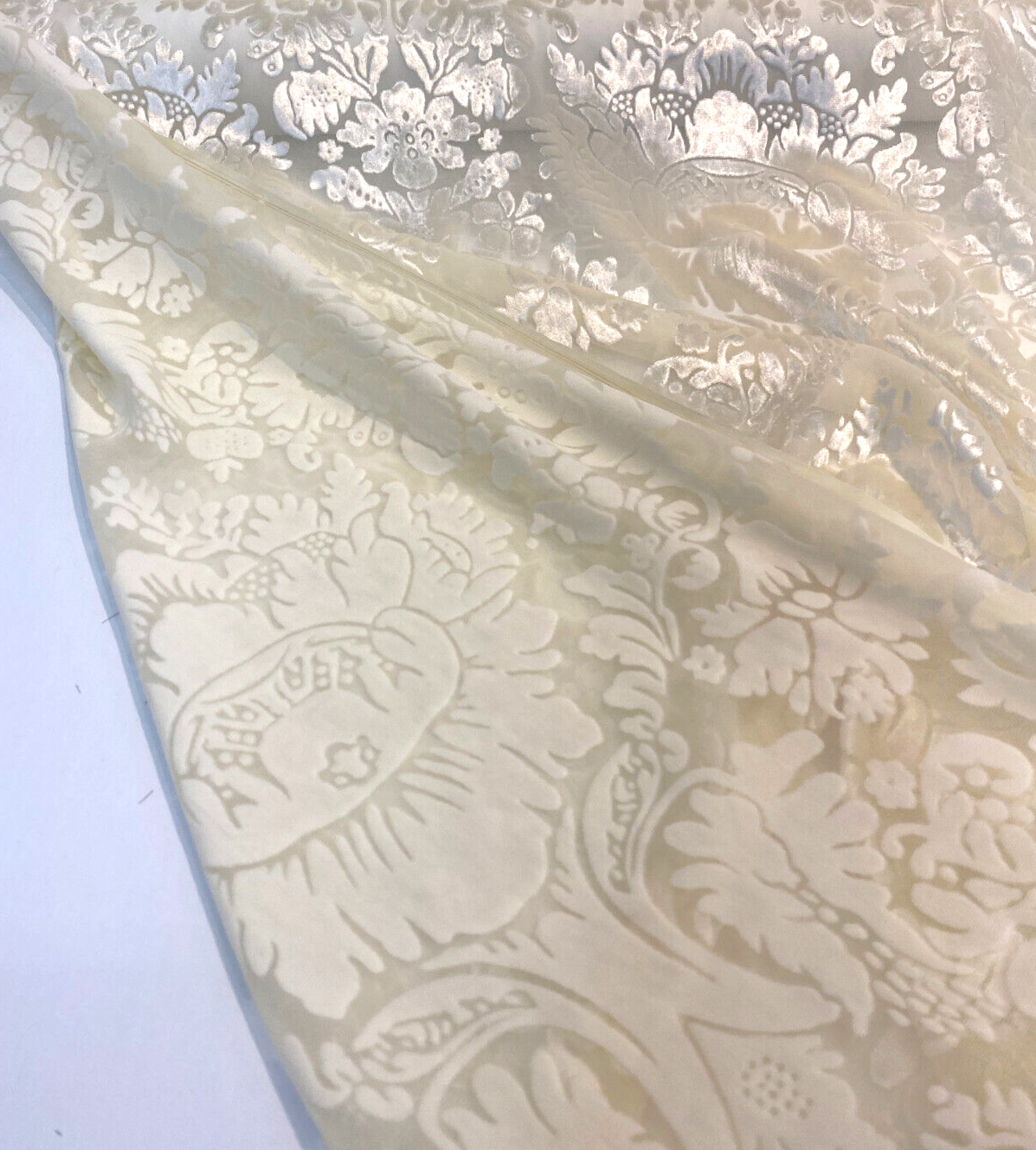 Imperial Sheer Cut Velvet Fabric - Ivory Beige, 54" Width, Vertical Repeat 12 1/2", Horizontal Repeat 12" (1 Yard)
