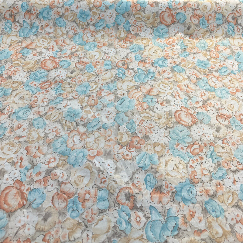 Watercolor Roses Cotton Fabric - Blue, Orange, Gray Vintage Floral, 56" Width (1 Yard)