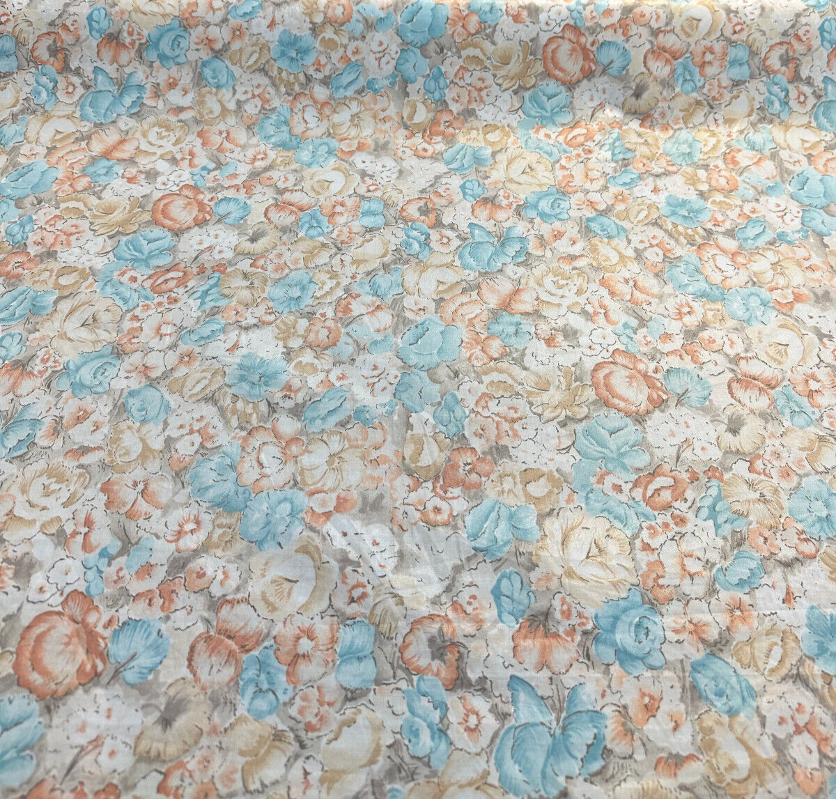 Watercolor Roses Cotton Fabric - Blue, Orange, Gray Vintage Floral, 56" Width (1 Yard)