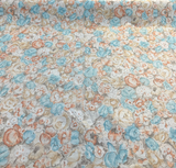 Watercolor Roses Cotton Fabric - Blue, Orange, Gray Vintage Floral, 56" Width (1 Yard)