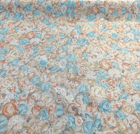 Watercolor Roses Cotton Fabric - Blue, Orange, Gray Vintage Floral, 56" Width (1 Yard)