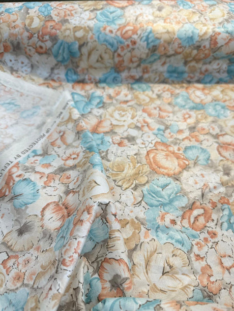 Watercolor Roses Cotton Fabric - Blue, Orange, Gray Vintage Floral, 56" Width (1 Yard)