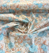 Watercolor Roses Cotton Fabric - Blue, Orange, Gray Vintage Floral, 56" Width (1 Yard)