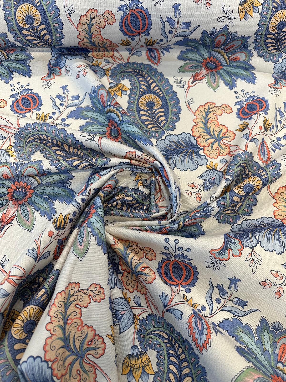 Brenda Garden Cotton Blend Fabric - Blue Floral Paisley, 56" Width (1 Yard)