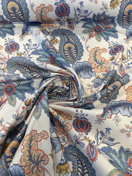 Brenda Garden Cotton Blend Fabric - Blue Floral Paisley, 56" Width (1 Yard)