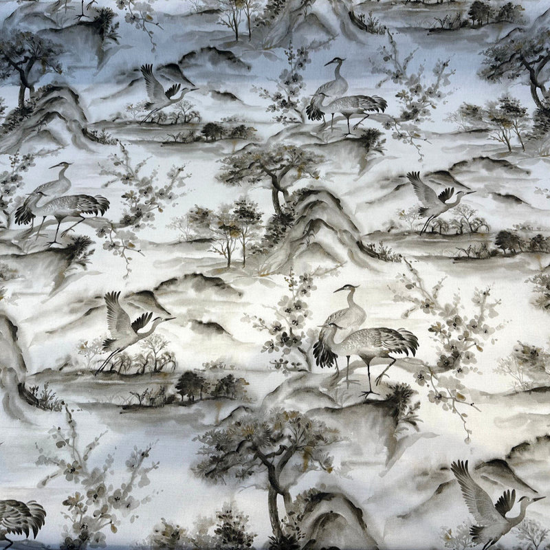 Nikita Egret Bird Cotton Fabric - Pewter White Bird Print, 54" Width (1 Yard)