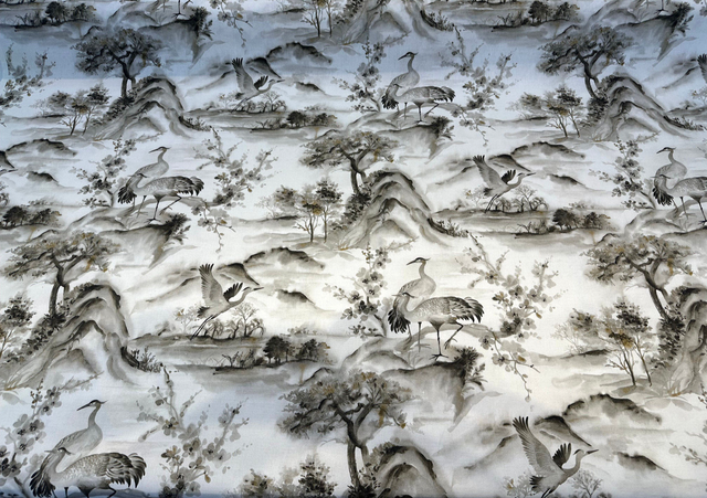 Nikita Egret Bird Cotton Fabric - Pewter White Bird Print, 54" Width (1 Yard)