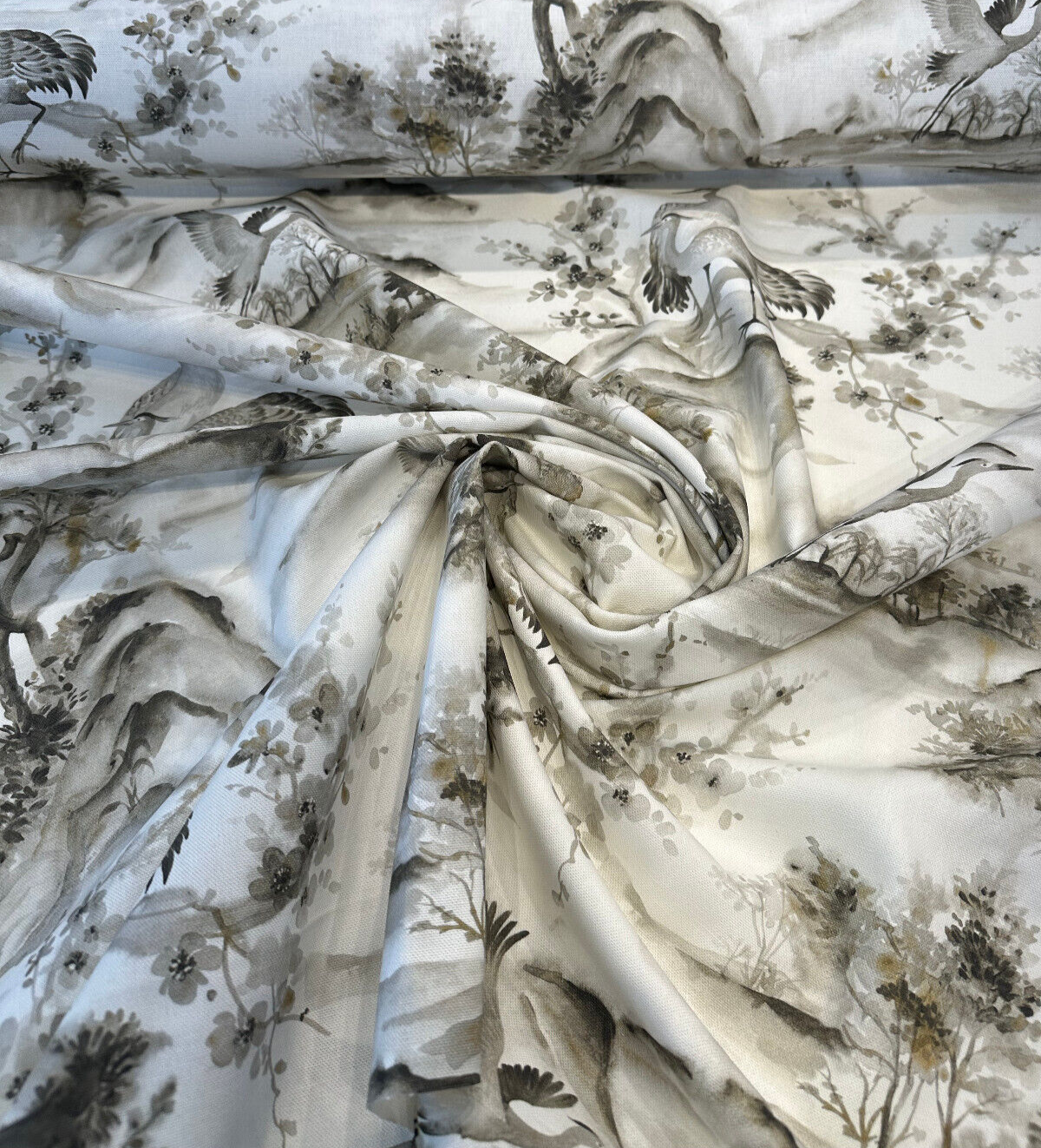 Nikita Egret Bird Cotton Fabric - Pewter White Bird Print, 54" Width (1 Yard)