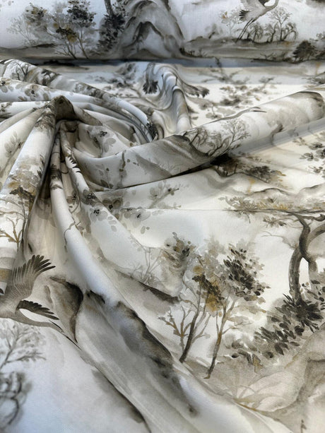 Nikita Egret Bird Cotton Fabric - Pewter White Bird Print, 54" Width (1 Yard)