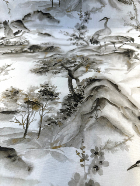 Nikita Egret Bird Cotton Fabric - Pewter White Bird Print, 54" Width (1 Yard)