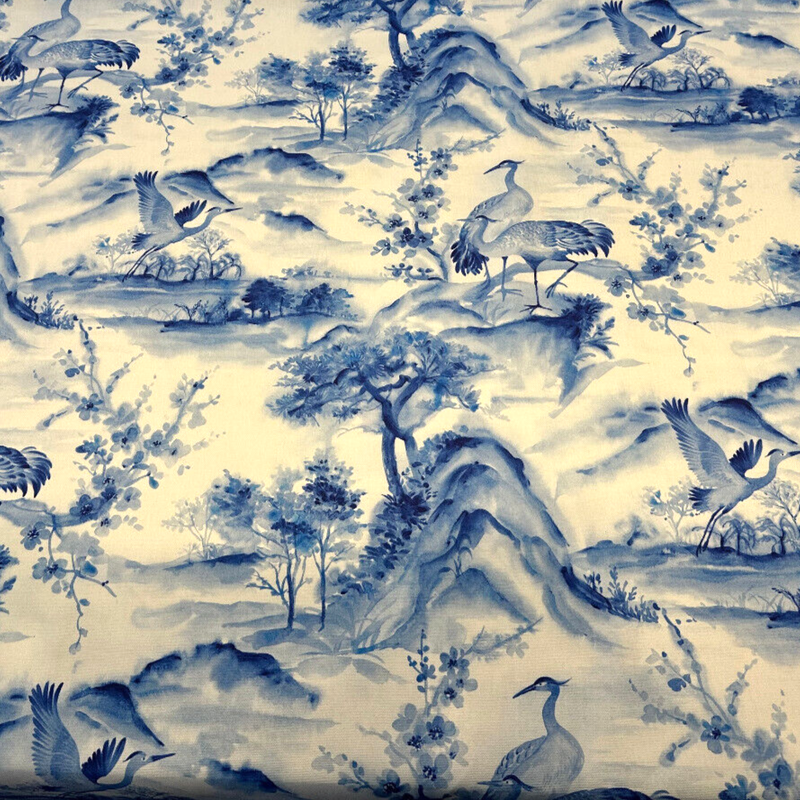 Nikita Egret Bird Cotton Fabric - Blue White Egret Birds, 54" Width, Digital Print, 27" Horizontal Repeat, 25" Vertical Repeat (1 Yard)
