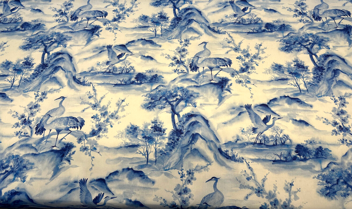 Nikita Egret Bird Cotton Fabric - Blue White Egret Birds, 54" Width, Digital Print, 27" Horizontal Repeat, 25" Vertical Repeat (1 Yard)