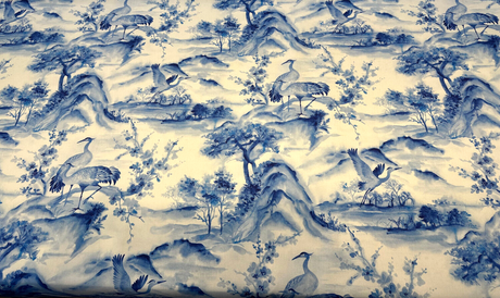 Nikita Egret Bird Cotton Fabric - Blue White Egret Birds, 54" Width, Digital Print, 27" Horizontal Repeat, 25" Vertical Repeat (1 Yard)