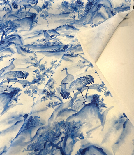 Nikita Egret Bird Cotton Fabric - Blue White Egret Birds, 54" Width, Digital Print, 27" Horizontal Repeat, 25" Vertical Repeat (1 Yard)