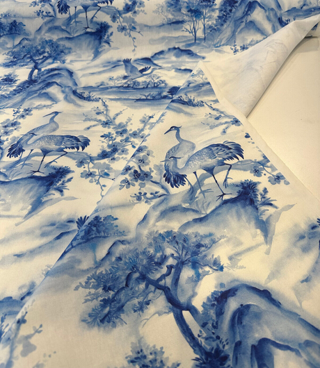 Nikita Egret Bird Cotton Fabric - Blue White Egret Birds, 54" Width, Digital Print, 27" Horizontal Repeat, 25" Vertical Repeat (1 Yard)