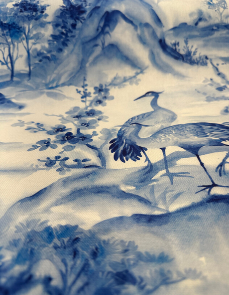 Nikita Egret Bird Cotton Fabric - Blue White Egret Birds, 54" Width, Digital Print, 27" Horizontal Repeat, 25" Vertical Repeat (1 Yard)