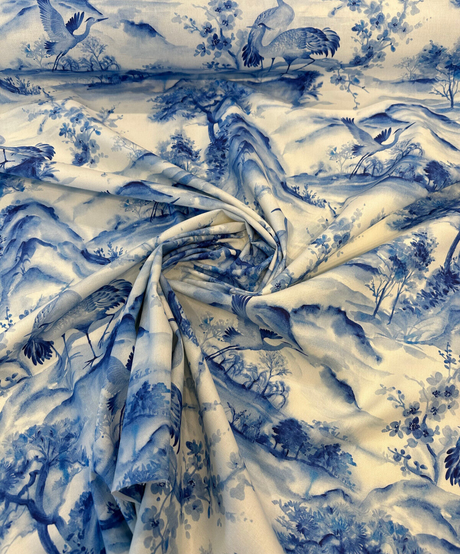 Nikita Egret Bird Cotton Fabric - Blue White Egret Birds, 54" Width, Digital Print, 27" Horizontal Repeat, 25" Vertical Repeat (1 Yard)
