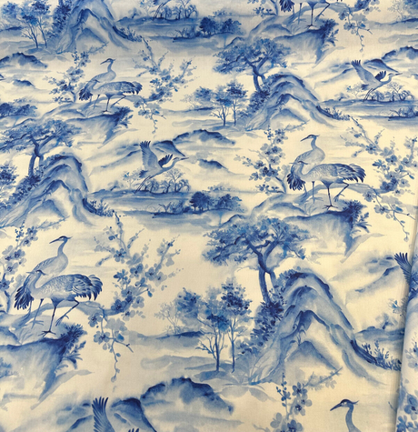Nikita Egret Bird Cotton Fabric - Blue White Egret Birds, 54" Width, Digital Print, 27" Horizontal Repeat, 25" Vertical Repeat (1 Yard)