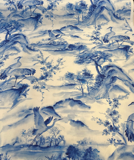 Nikita Egret Bird Cotton Fabric - Blue White Egret Birds, 54" Width, Digital Print, 27" Horizontal Repeat, 25" Vertical Repeat (1 Yard)