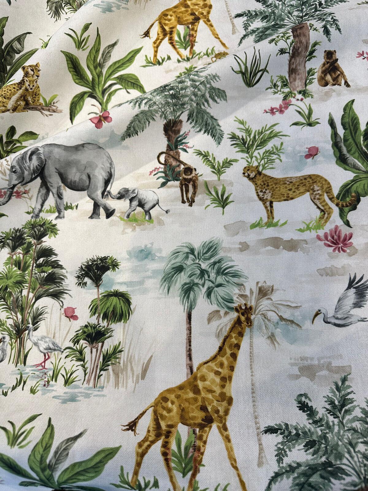 Victoria Exotic Animals Cotton Fabric - Monkey Elephant Animal Print, 54" Width, 35.5" Horizontal Repeat, 17.5" Vertical Repeat (1 Yard)