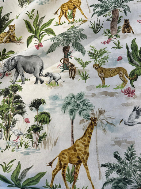 Victoria Exotic Animals Cotton Fabric - Monkey Elephant Animal Print, 54" Width, 35.5" Horizontal Repeat, 17.5" Vertical Repeat (1 Yard)