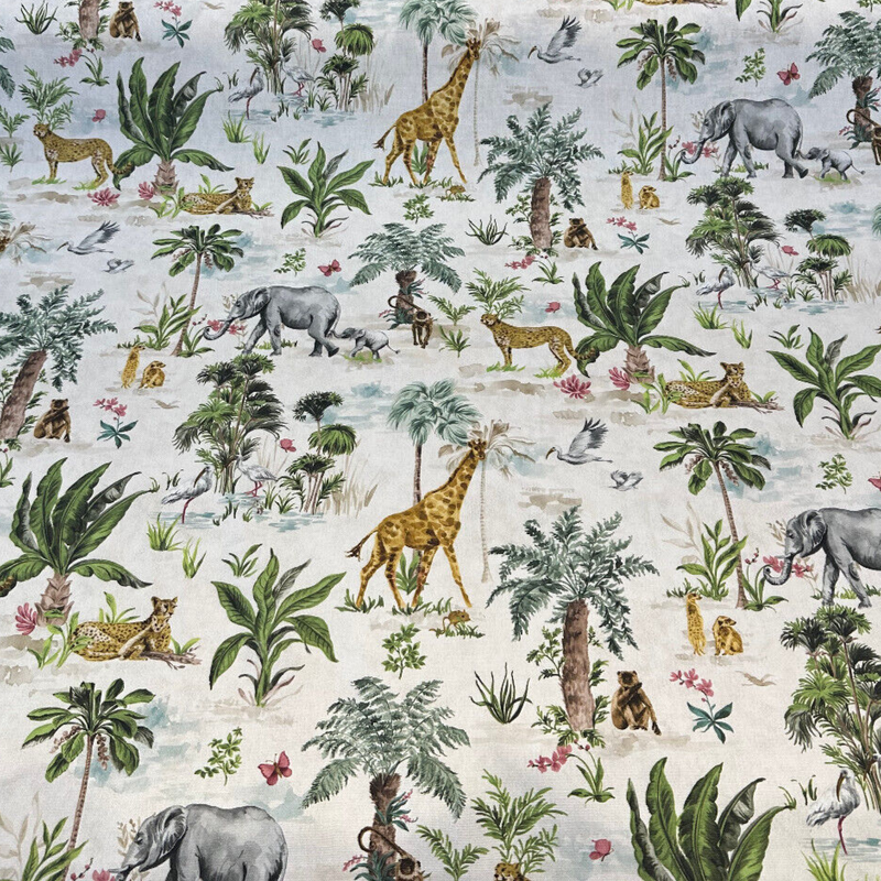 Victoria Exotic Animals Cotton Fabric - Monkey Elephant Animal Print, 54" Width, 35.5" Horizontal Repeat, 17.5" Vertical Repeat (1 Yard)