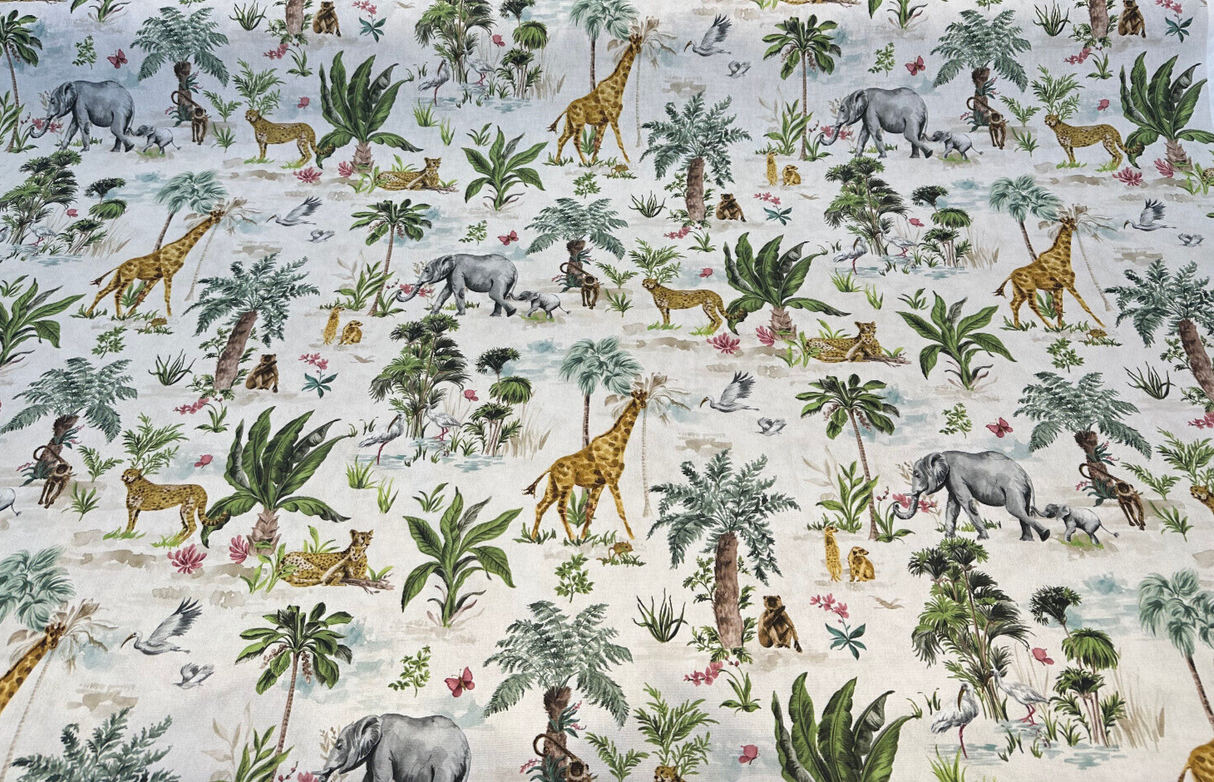 Victoria Exotic Animals Cotton Fabric - Monkey Elephant Animal Print, 54" Width, 35.5" Horizontal Repeat, 17.5" Vertical Repeat (1 Yard)