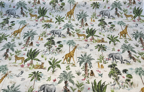 Victoria Exotic Animals Cotton Fabric - Monkey Elephant Animal Print, 54" Width, 35.5" Horizontal Repeat, 17.5" Vertical Repeat (1 Yard)