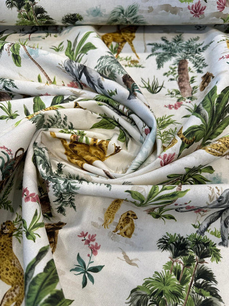 Victoria Exotic Animals Cotton Fabric - Monkey Elephant Animal Print, 54" Width, 35.5" Horizontal Repeat, 17.5" Vertical Repeat (1 Yard)