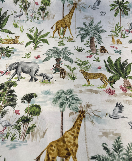 Victoria Exotic Animals Cotton Fabric - Monkey Elephant Animal Print, 54" Width, 35.5" Horizontal Repeat, 17.5" Vertical Repeat (1 Yard)
