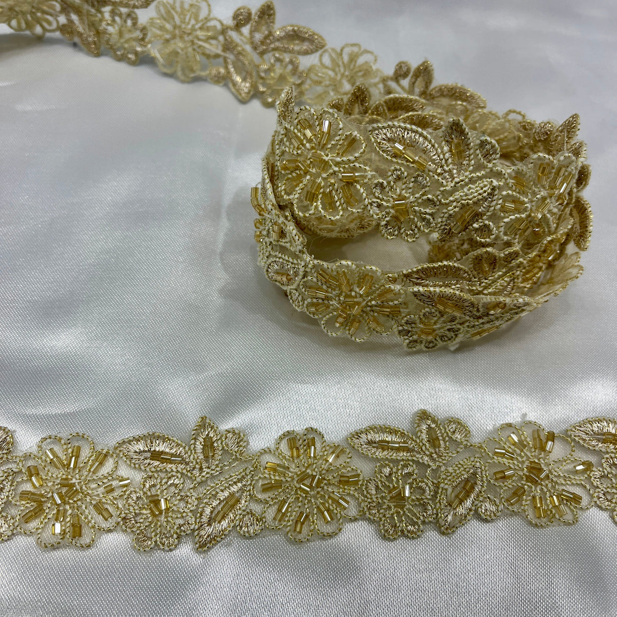 1 Yard Beaded & Corded Lace Trimming Embroidered on 100% Polyester Organza 1" Wide