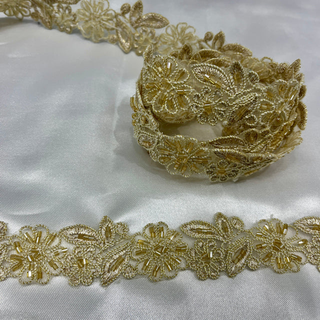 Beaded Corded Lace Trim Champagne