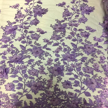 3D Embroidered Satin Floral Pearl Lace Fabric - 100 Percent Polyester Fabric, Floral Pearl Embroidery, 52" Width, 12" Panel (1 Yard)