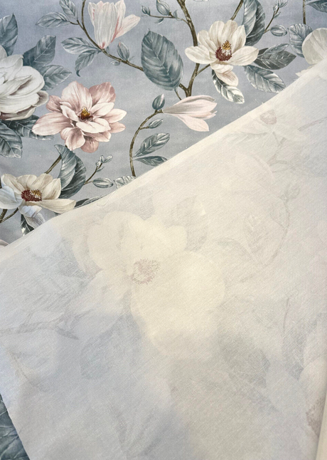 Magnolia Blossom Print Cotton Fabric - Cream, Pink, Green Floral, 54" Width (1 Yard)